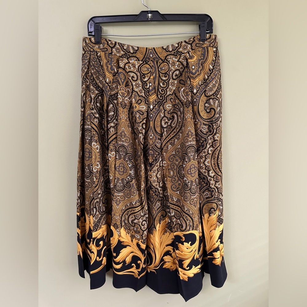 Gloria Sachs‎ Baroque Maxi Skirt Sz 10 Small Black and Gold Pleated Maximalist
